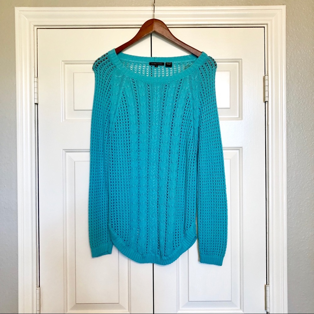 Turquoise cable-knit sweater